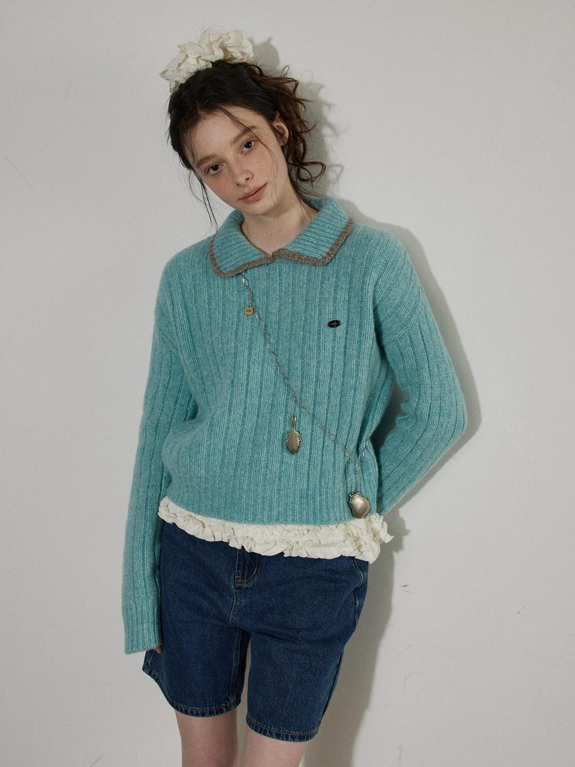 Lofi choose Comfortable Relaxed Fit Office Pullover Long Sleeve Knit Blue Green Sweaters