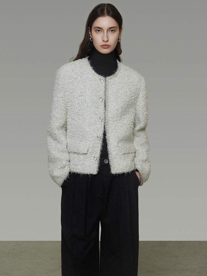 unspoken Lambswool Minimal Commuter Loose Single Button Round Neck Women Cropped Jackets