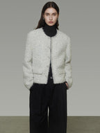 unspoken Lambswool Minimal Commuter Loose Single Button Round Neck Women Cropped Jackets