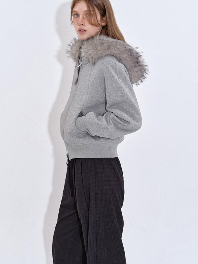 fano Detachable Zip Windproof Short Loose Casual Women Apple Shape Heather Gray Hoodie