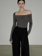 unspoken Slim Ruched Office Knit Long Sleeve Women Sage Green Off Shoulder Crop Tops