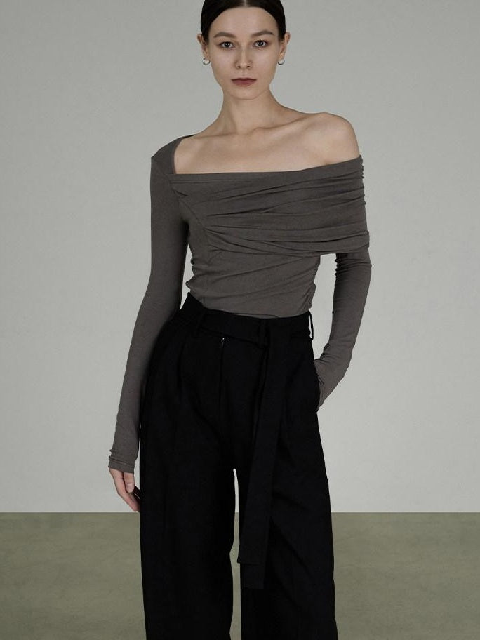 unspoken Slim Ruched Office Knit Long Sleeve Women Sage Green Off Shoulder Crop Tops