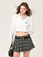 ikyou Embroidered Square Neck Long Sleeve Straight Minimal Poly Cotton Basic Crop Tops