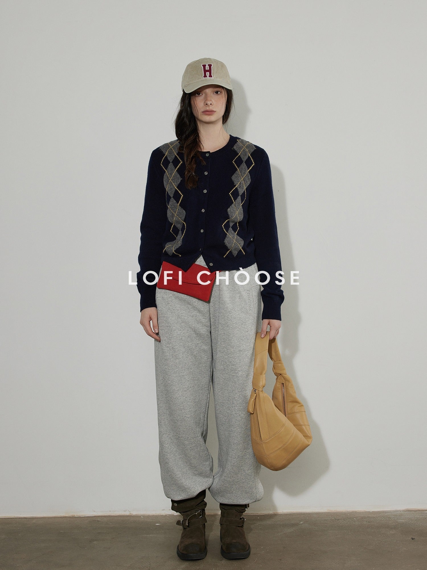 Lofi choose Soft Midweight British Argyle Contrast Button Women Knitwear Cardigans