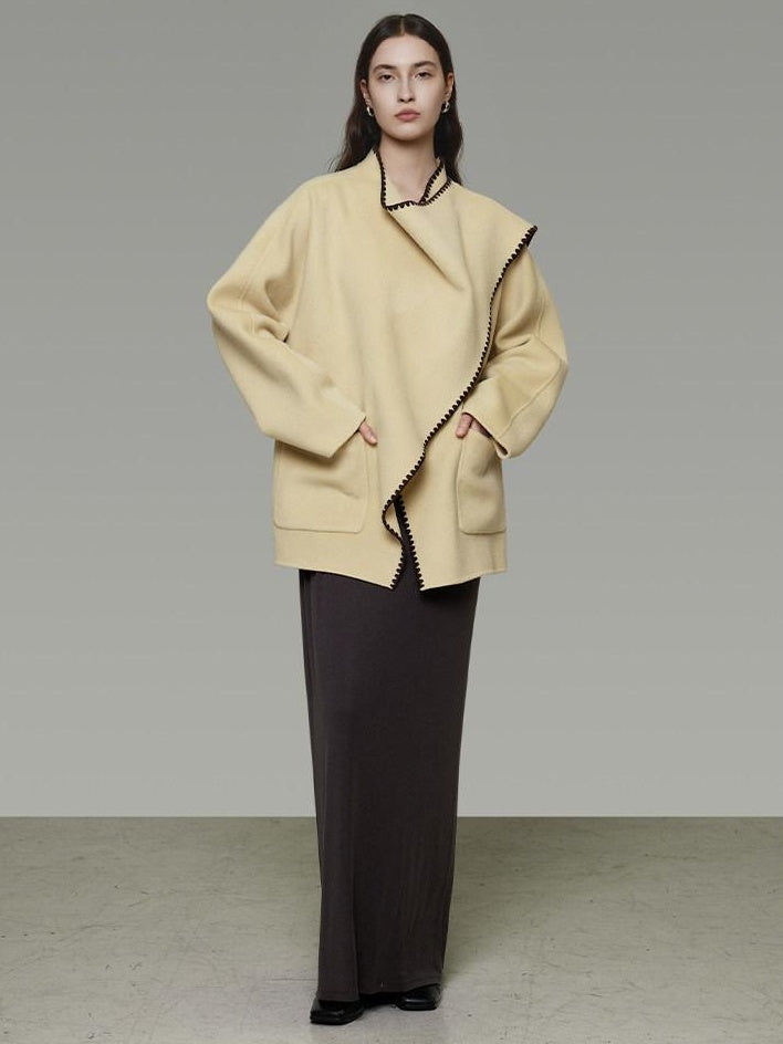 unspoken 100 Percent Wool Lightweight Minimal Commuter Loose Women Pale Yellow Wool Coats
