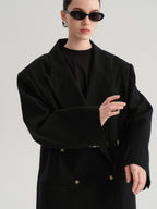 audreyyang Cotton Linen Blend Double Breasted Relaxed Casual Women Commuter Black Blazers