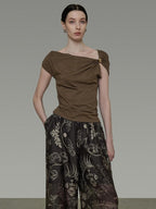 unspoken Eco Hemp Cotton 3D Detail Slim Fit Asymmetric Neck Brown Off Shoulder Crop Tops