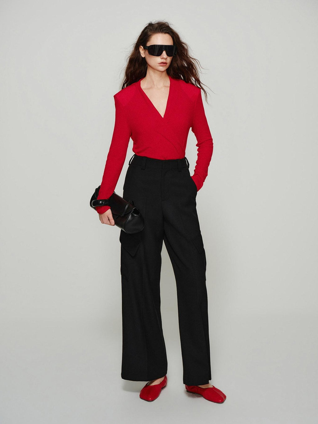 audreyyang Lyocell Wool Stretch Knit Slim Fit V-neck Womens Red Long Sleeve T-Shirts