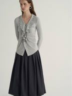 someone sometimes Ruffled V-neck Slim Fit Thin Knit Viscose Women Oatmeal Long Sleeve T-Shirts