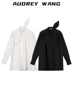 audreyyang Slimming Pleated Loose Longline Button Front Long Sleeve Women Blouses