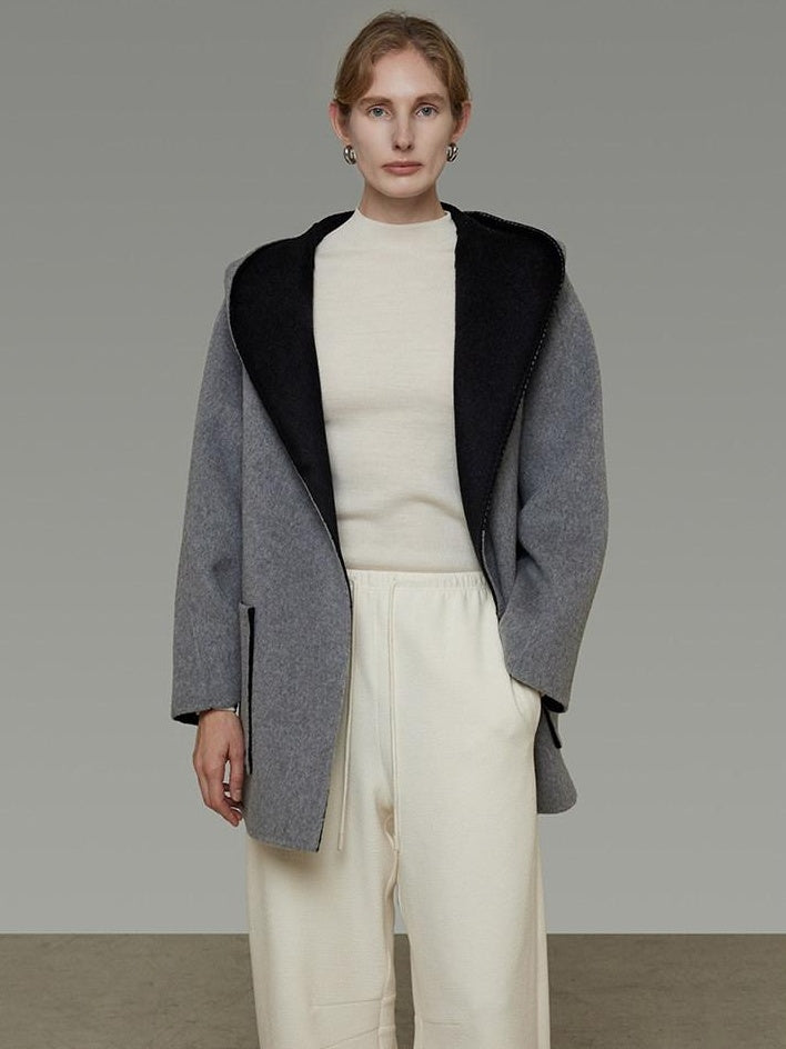 unspoken Minimal Commute Relaxed Fit Hooded Tie Waist Sculpted Cut Black Gray Wool Coats