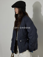 Lofi choose 90 Percent White Duck Down Commuter Loose Fit Lapel Navy Down Jackets