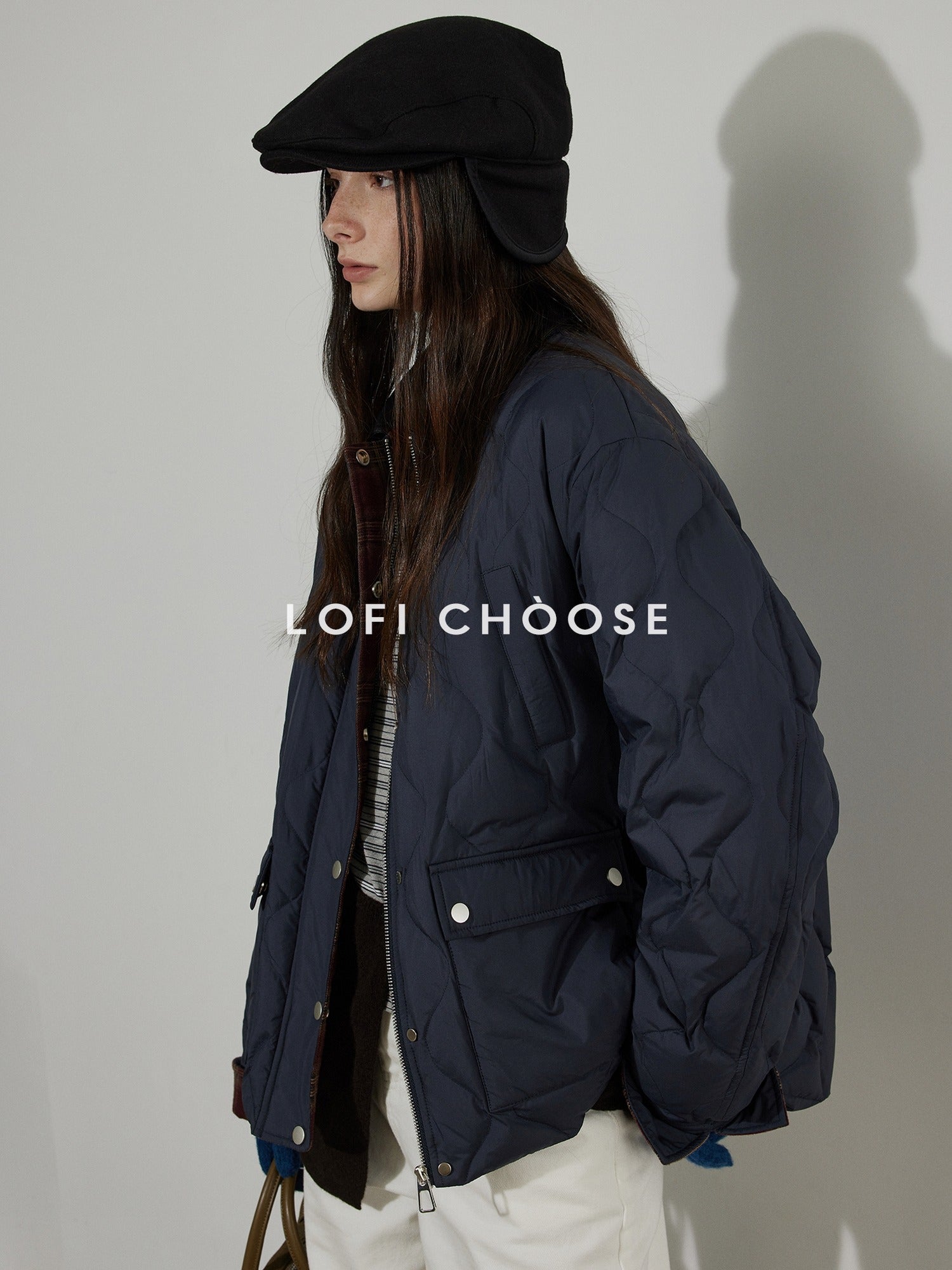 Lofi choose 90 Percent White Duck Down Commuter Loose Fit Lapel Navy Down Jackets
