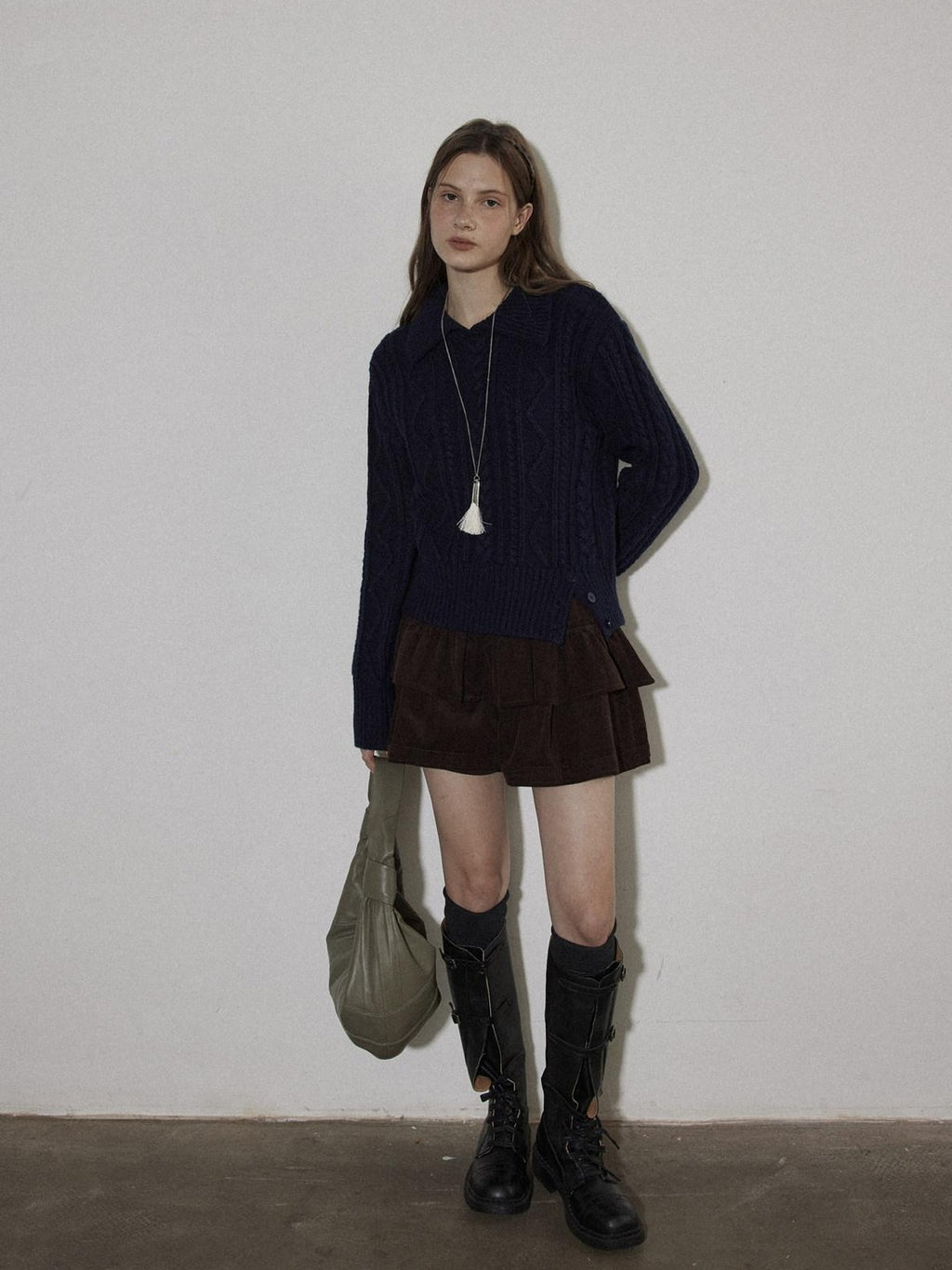 Lofi choose Cozy Pullover Relaxed Fit Commuter Office Knit Long Sleeve Beige Navy Sweaters
