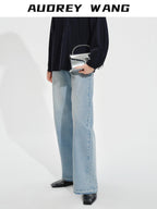 audreyyang High Waist Water Washed Light Blue Zipper Fly No Stretch Women Wide Leg Jeans