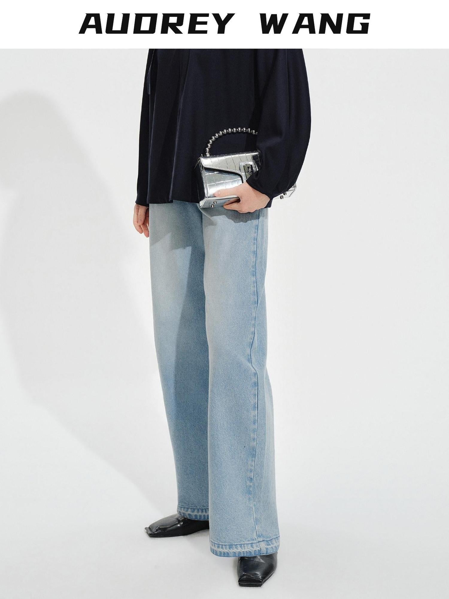 audreyyang High Waist Water Washed Light Blue Zipper Fly No Stretch Women Wide Leg Jeans