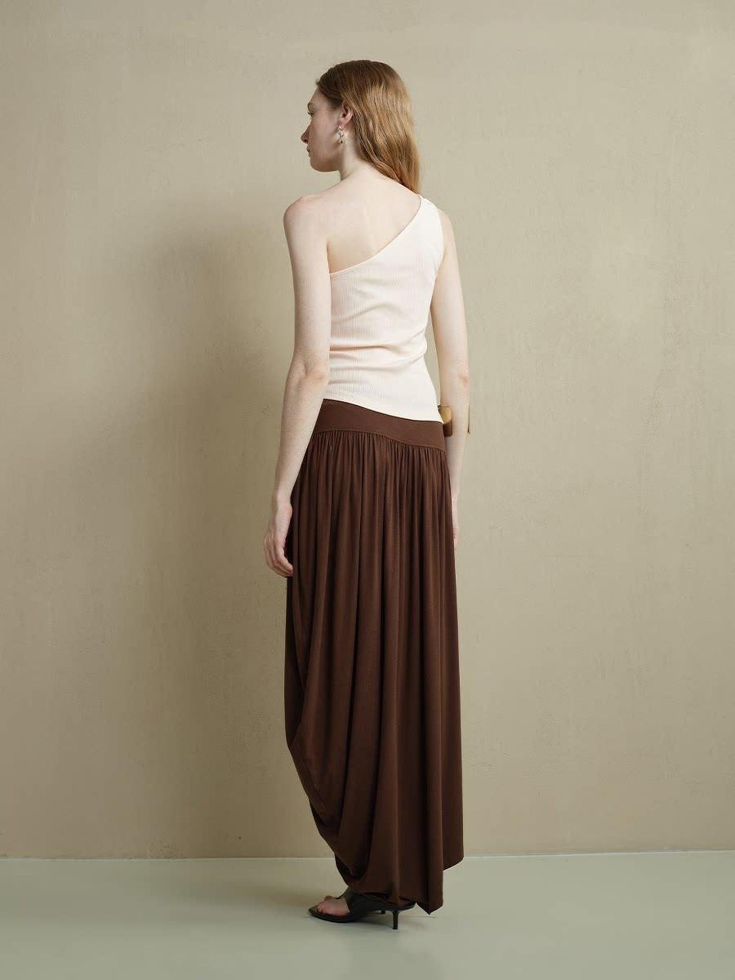 someone sometimes Soft Viscose Blend Slim Fit One Shoulder Beige Stretch Ruching Tank Tops