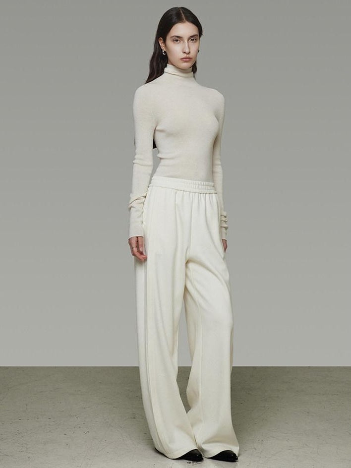 unspoken Comfort Elastic Natural Waist Minimal Solid White Polyester Blend Wide Leg Pants