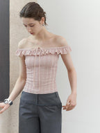 someonesometimes Lace Tie Slim Fit Short Solid Mauve Cream Daily Chic Off Shoulder Crop Tops