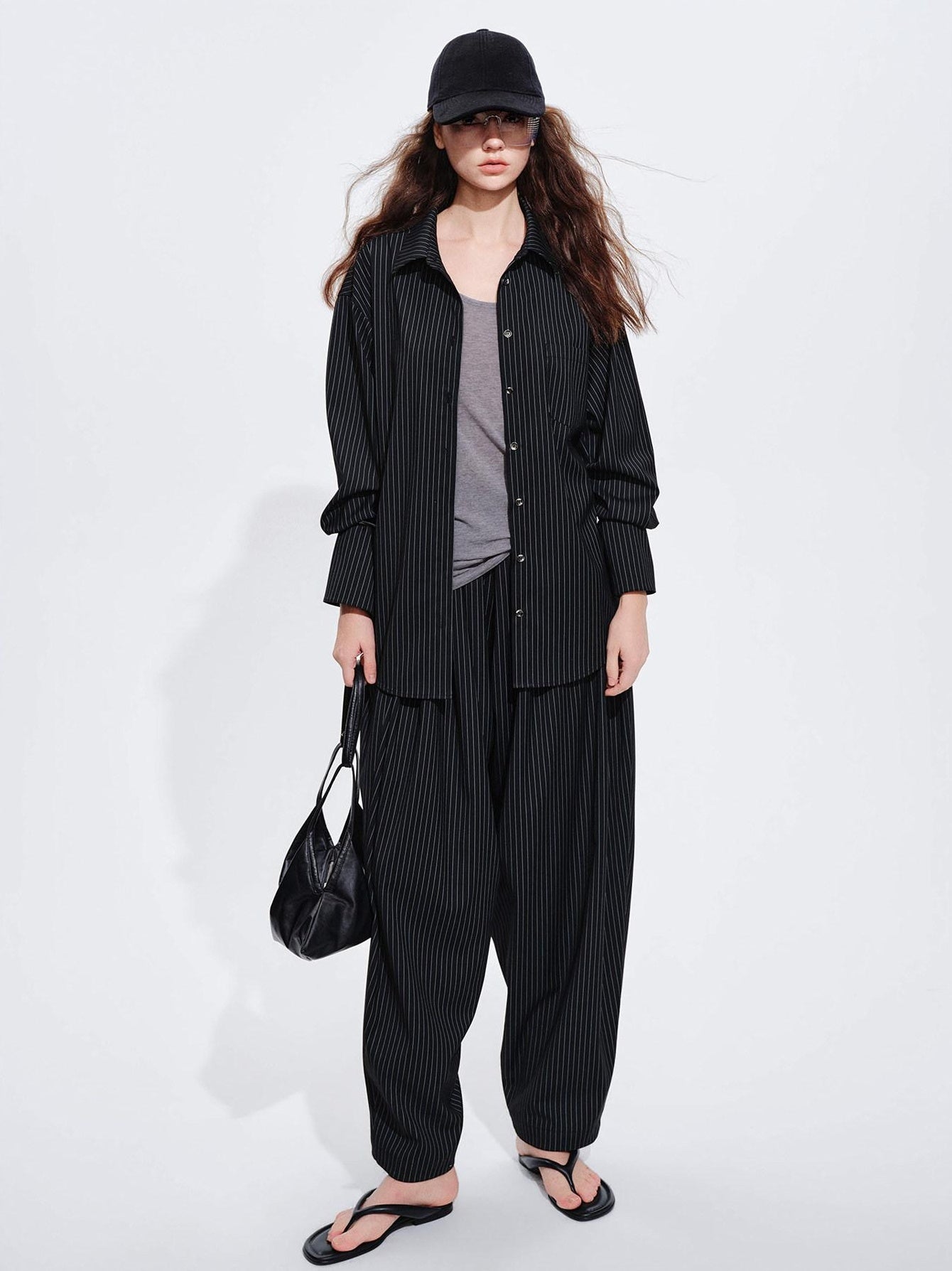 audreyyang Striped Relaxed Lapel Button Long Sleeve Casual Women Polyester Top & Pants Sets