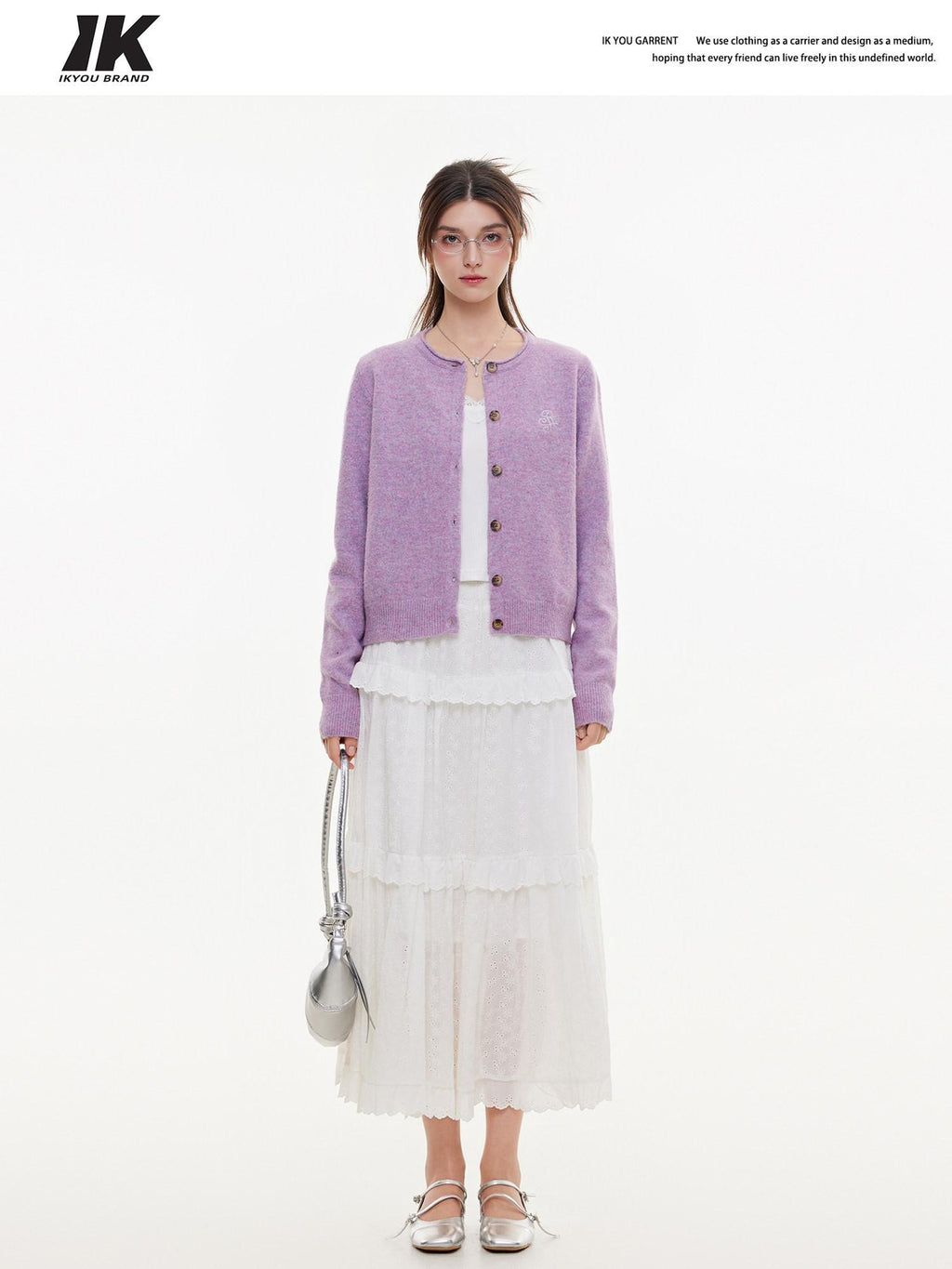 ikyou Eco Recycled Warm Commuter Loose Embroidered Knit Long Sleeve Purple Cardigans