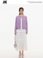 ikyou Eco Recycled Warm Commuter Loose Embroidered Knit Long Sleeve Purple Cardigans