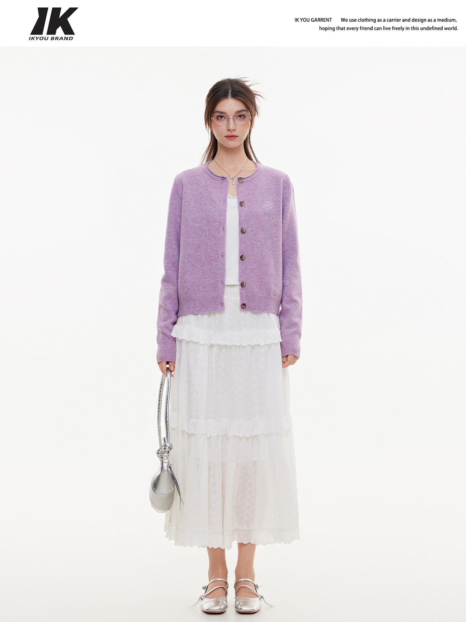 ikyou Eco Recycled Warm Commuter Loose Embroidered Knit Long Sleeve Purple Cardigans
