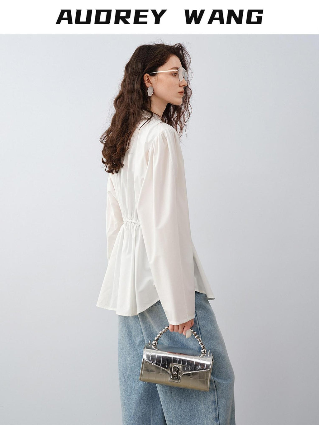 audreyyang Durable Viscose Slim Waist Casual Lapel Button Long Sleeve Blouses