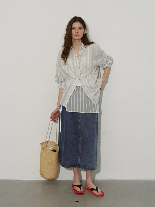 Lofi choose 100 Percent Cotton Loose Colorblock Women Blue Stripe Lapel Long Sleeve Shirts