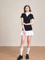 ikyou 100 Percent Cotton Waist Cinch Patchwork Collared Short Sleeve Midi Dresses