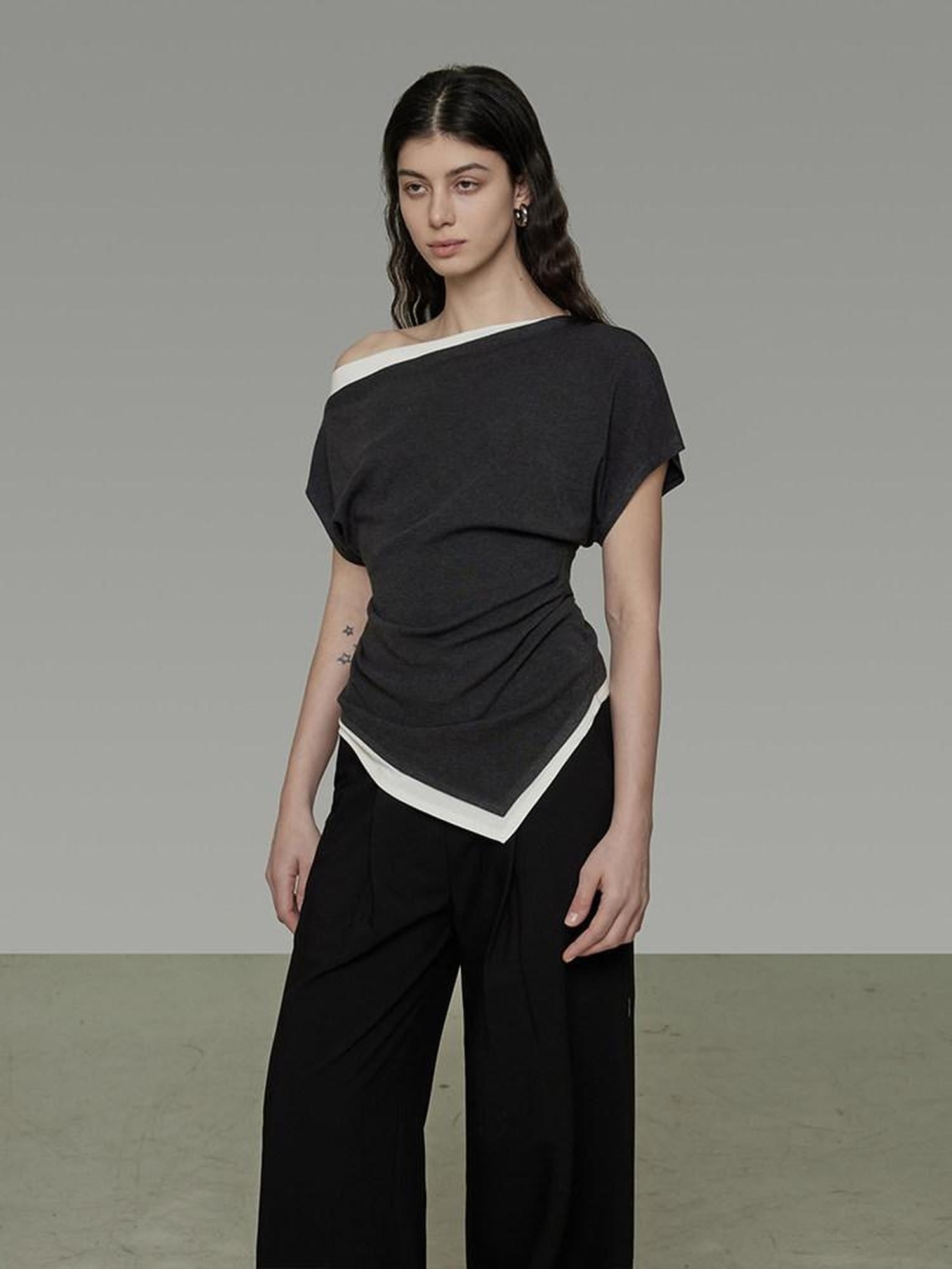 unspoken Slim Fit Colorblock Short Sleeve Pullover Slanted Collar Office Rayon Blouses