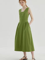 fano Cotton High Waist Pleated Minimal A Line Square Neck Women Maxi Dresses