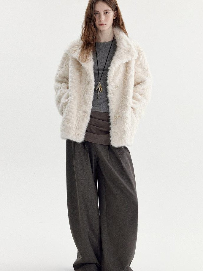 fano Soft Beige Minimalist Lapel Collar Loose Fit Young Women Everyday Short Coat