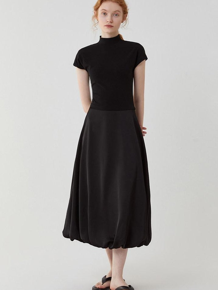 fano High Waist Minimalist Office A Line Short Sleeve Mock Neck Black Midi Dresses