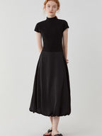 fano High Waist Minimalist Office A Line Short Sleeve Mock Neck Black Midi Dresses
