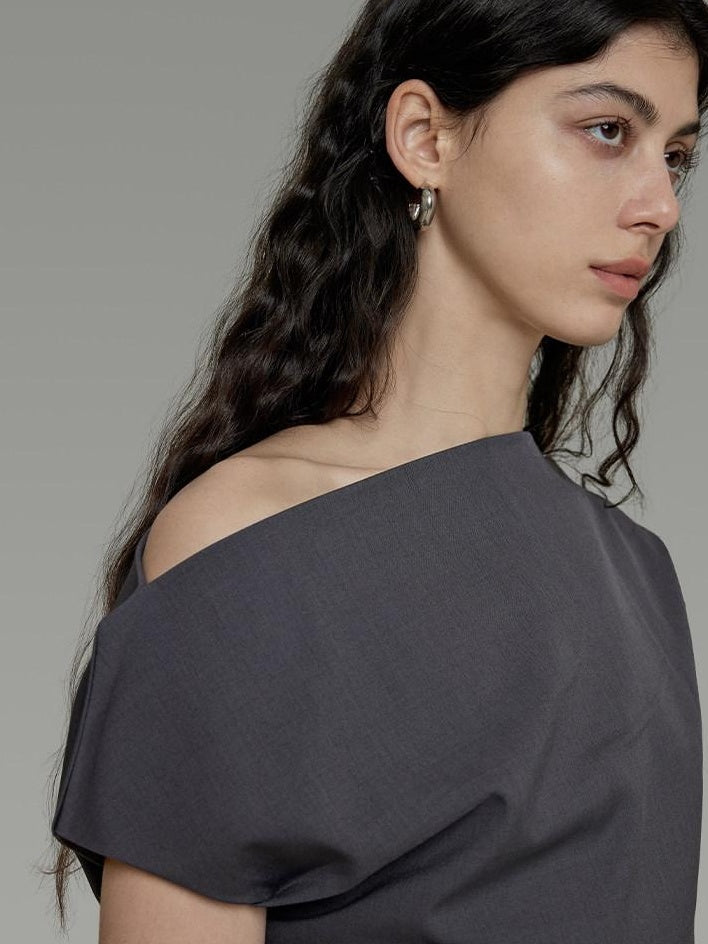 unspoken Asymmetric Neck Pleated Minimal Slim Fit Office Women Polyester Basic Crop Tops