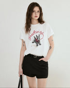 fano Cotton Blend Korean Loose Fit Crewneck Women White Printed Short Sleeve T-Shirts
