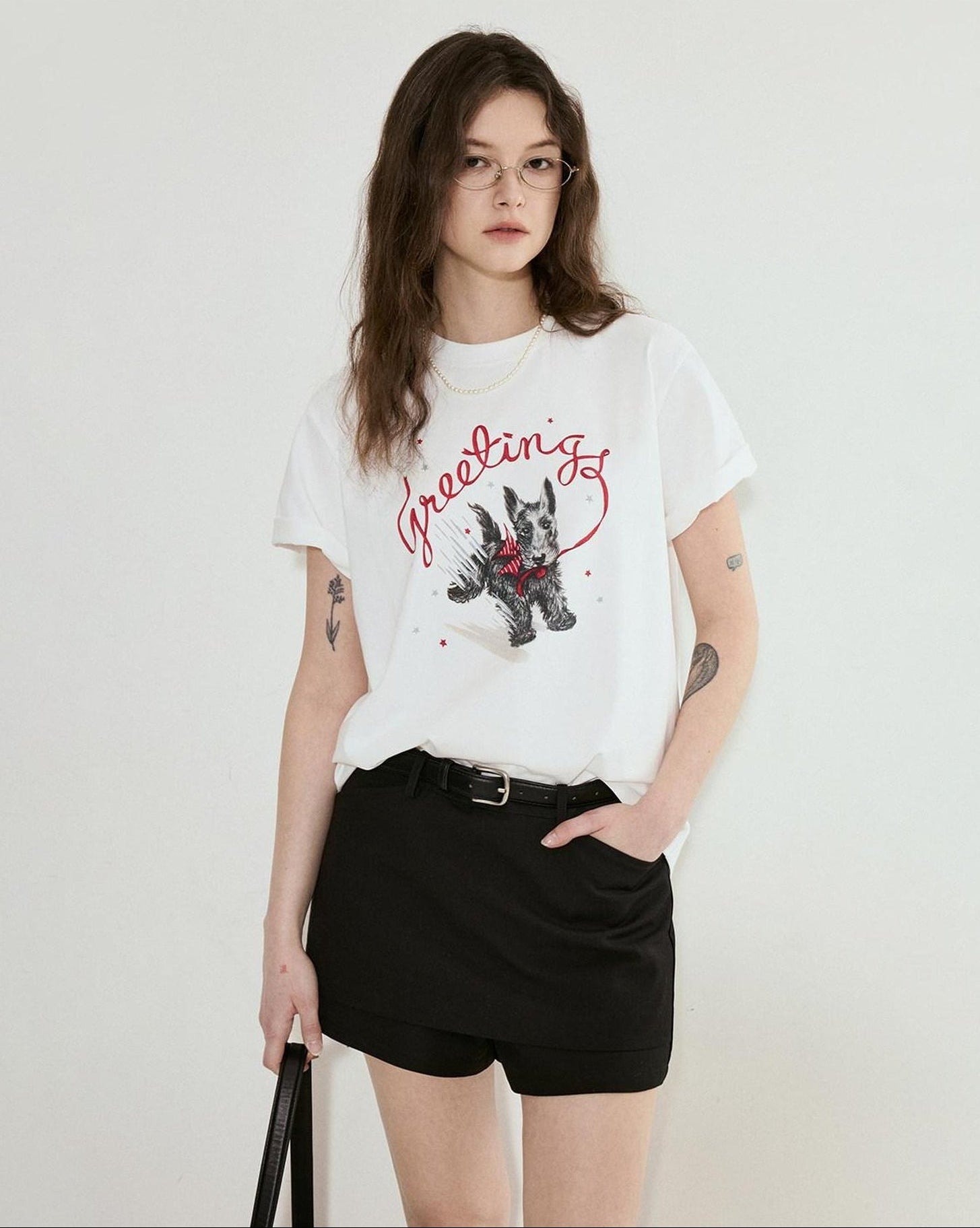 fano Cotton Blend Korean Loose Fit Crewneck Women White Printed Short Sleeve T-Shirts