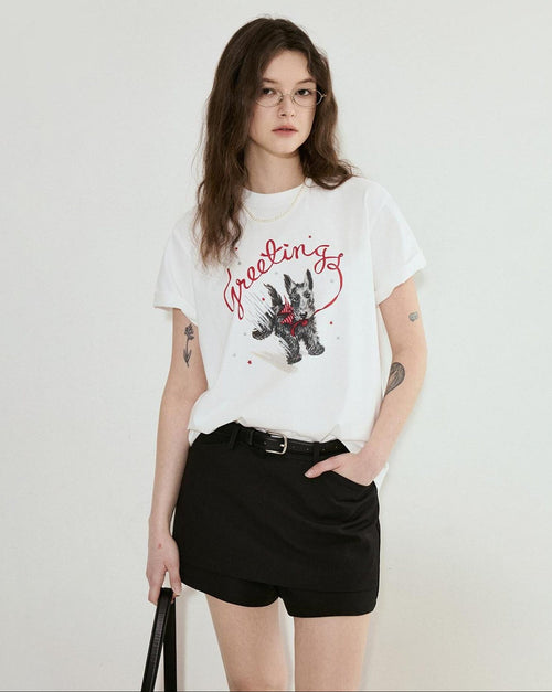 fano Cotton Blend Korean Loose Fit Crewneck Women White Printed Short Sleeve T-Shirts
