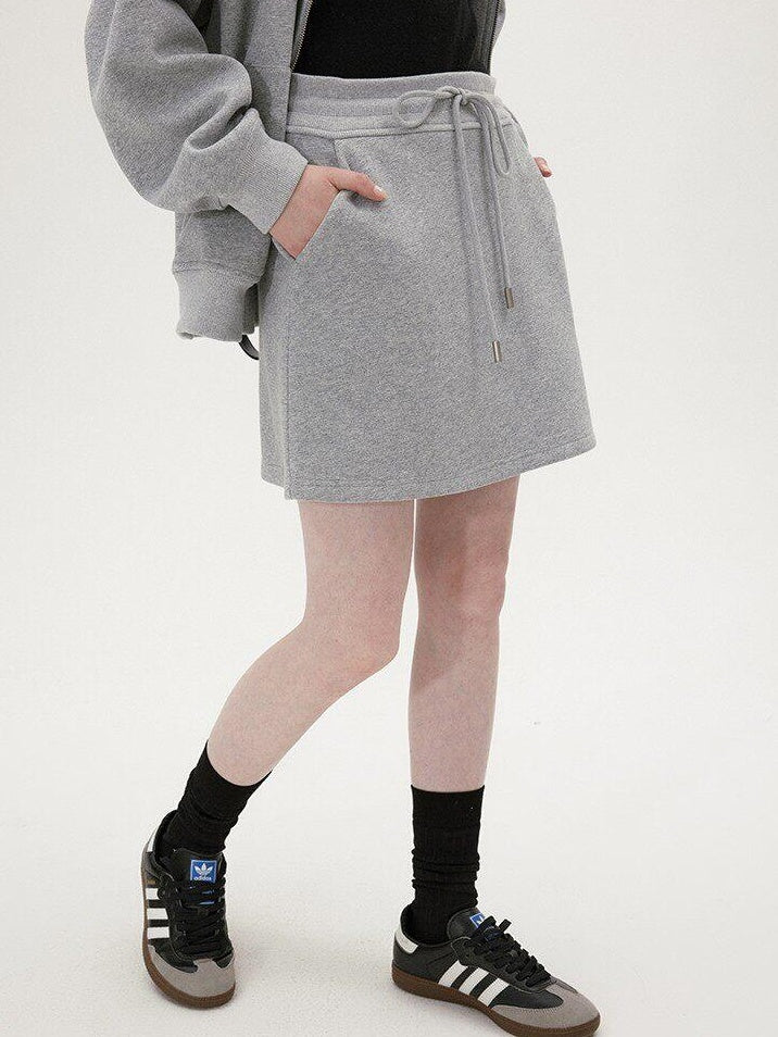 fano Hooded Zip Cotton Blend Loose Fit Minimalist Commuter Gray Top & Skirt Sets