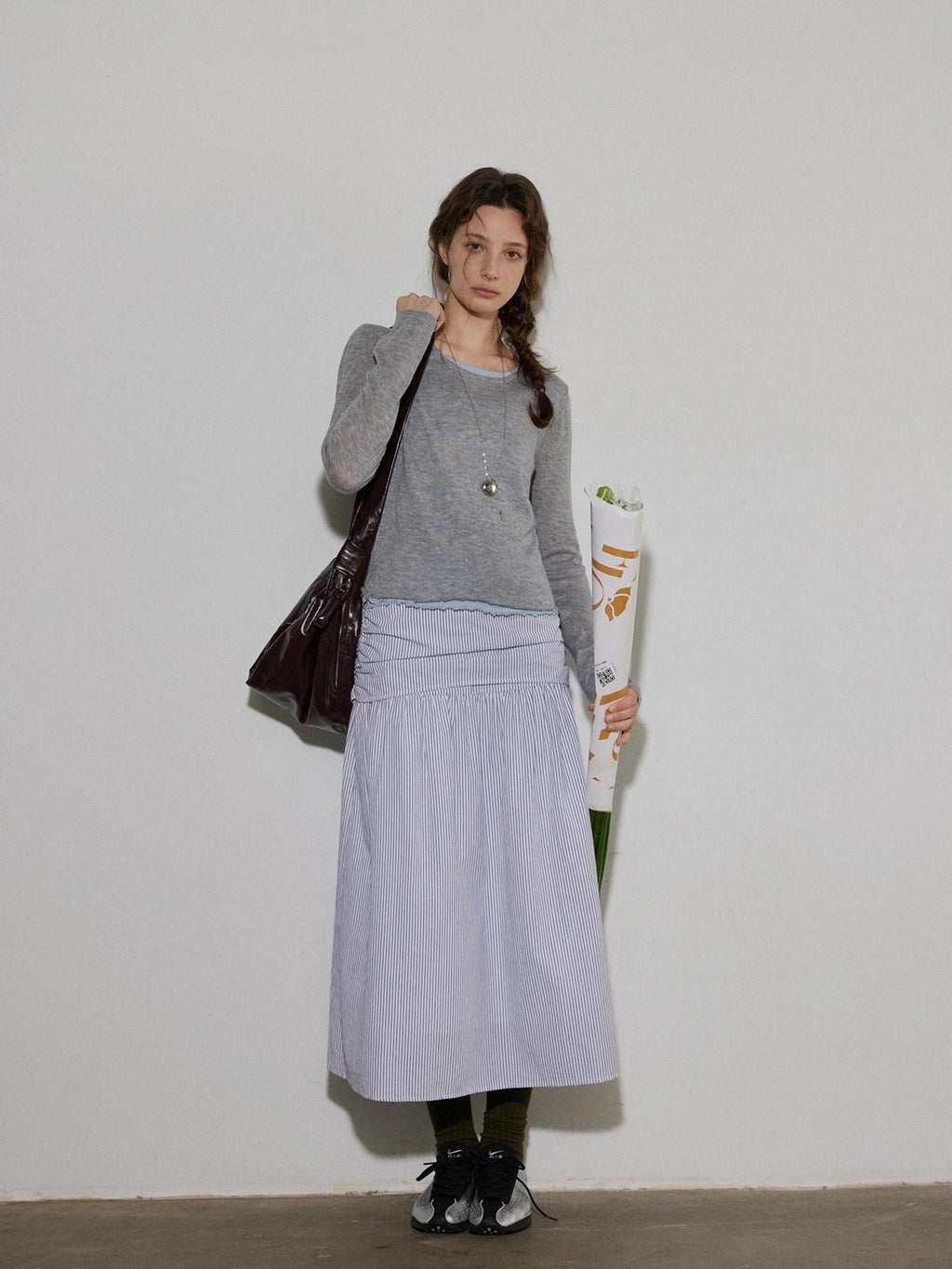 Lofi choose High Waist Cotton Comfort Pleated Loose Fit Office Women Blue Stripe Midi Skirts