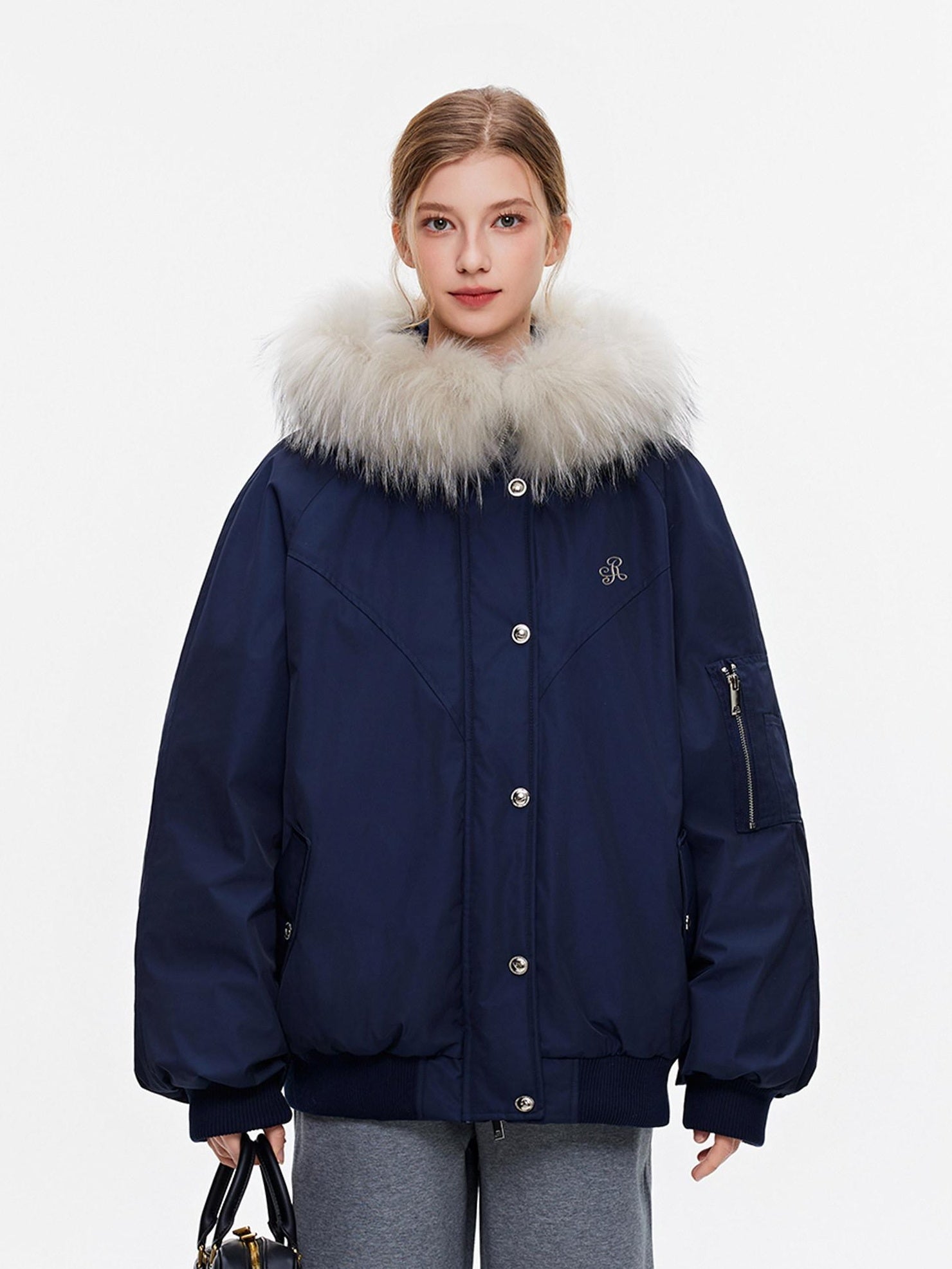 ikyou 90 Percent White Duck Down Oversized Korean Hooded Fur Collar Navy Down Jackets