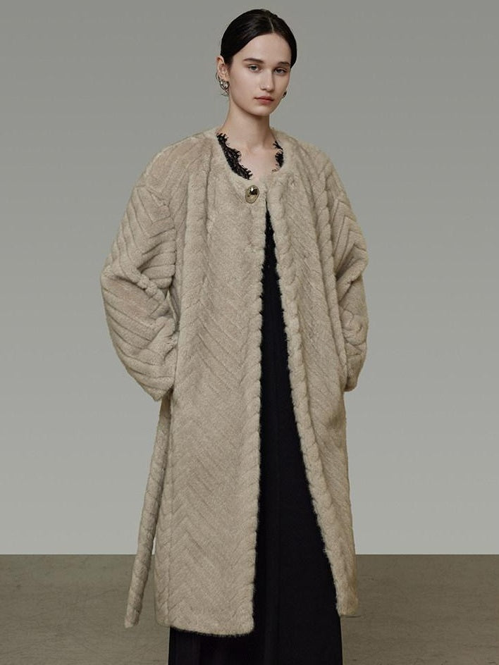 unspoken Warm Thick Beige Loose Fit Collarless Mid Length Commuter Women Long Coats