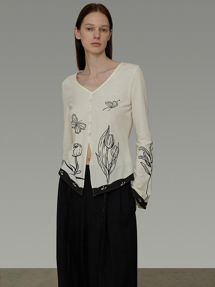 unspoken Soft Cotton Blend Relaxed Fit Floral Print V-neck Long Sleeve Women Blouses