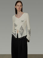 unspoken Soft Cotton Blend Relaxed Fit Floral Print V-neck Long Sleeve Women Blouses