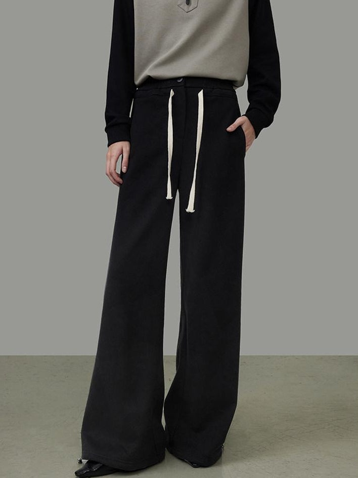unspoken High Waist Drawstring Pockets Minimalist Workwear For Women Black Wide Leg Pants