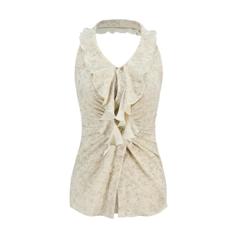 someonesometimes_Ruffle_Halter_Slim_Fit_Cropped_Solid_Almond_Stretch_Tank_Tops_MISSTT