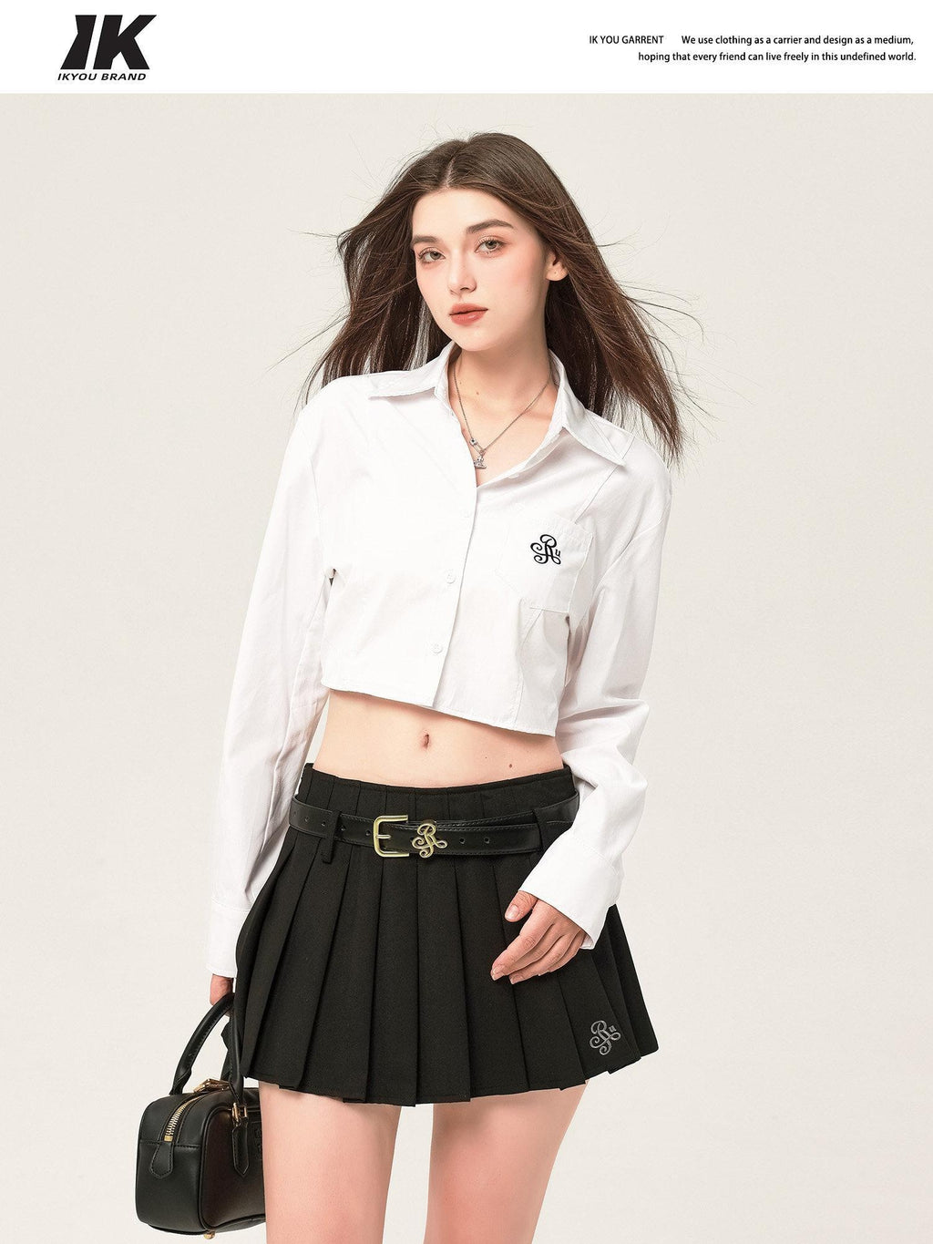 ikyou Embroidered Square Neck Long Sleeve Straight Minimal Poly Cotton Basic Crop Tops