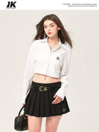 ikyou Embroidered Square Neck Long Sleeve Straight Minimal Poly Cotton Basic Crop Tops