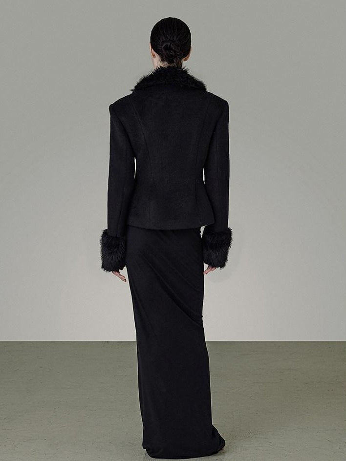 unspoken Warm Wool Blend Slim Fit Button Front Women Black Long Sleeve Cropped Jackets